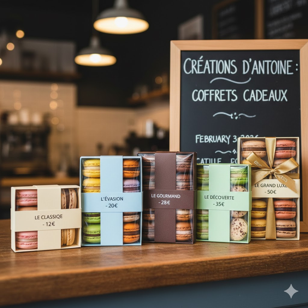 Exhibición de packs gourmet de macarons